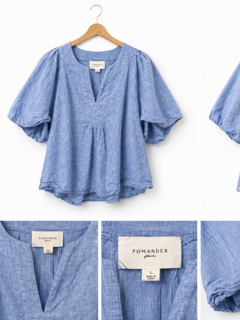 Pomander Place Blue Linen Blend Puff Sleeve Peasant Blouse Size Large